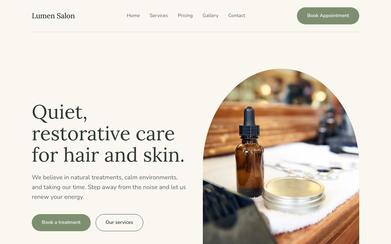 Lumen Salon, a fictional salon website from the Galeport template library